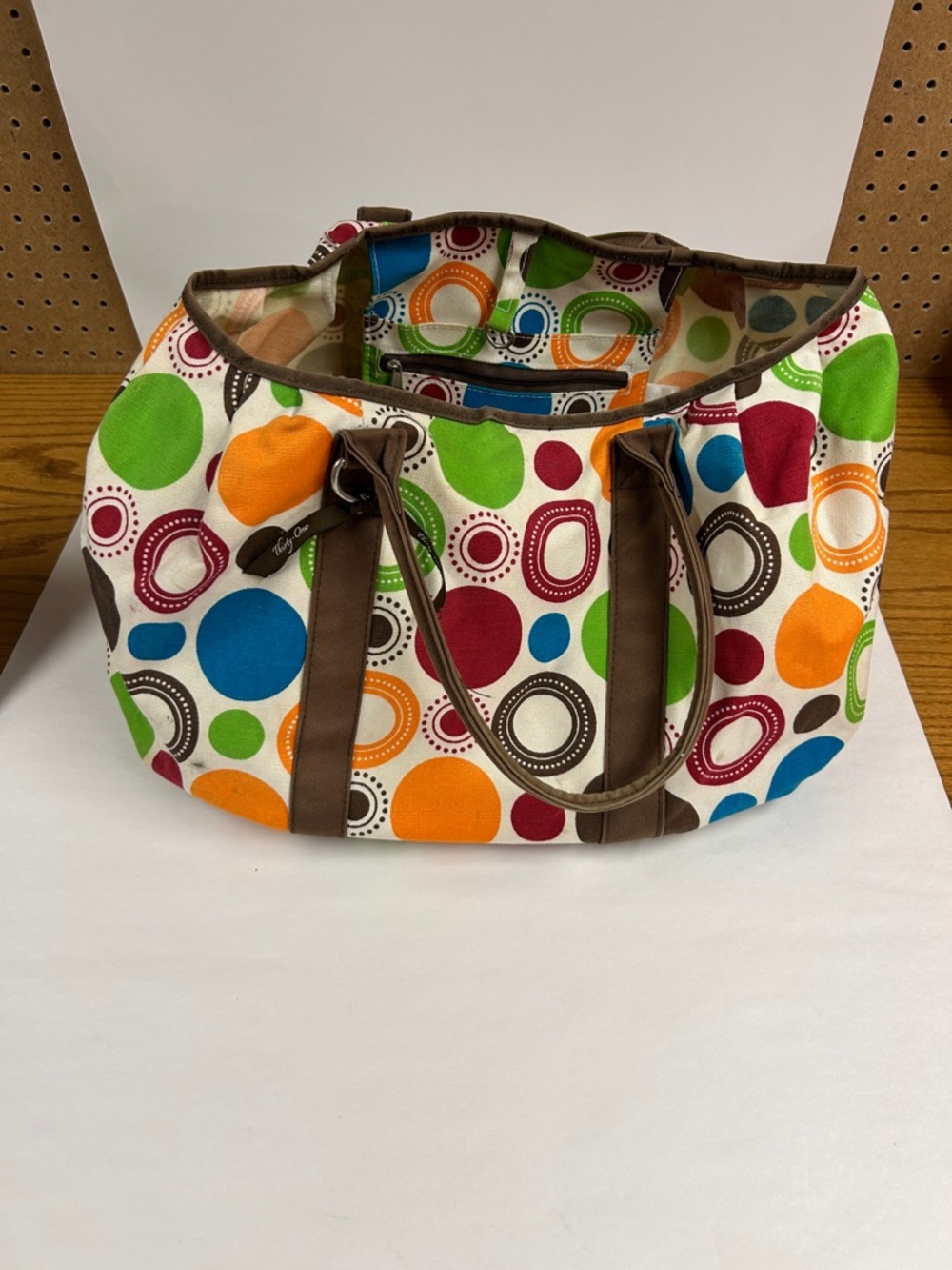 thirty-one Multicolor Polka Dot Canvas Tote with Brown Trim